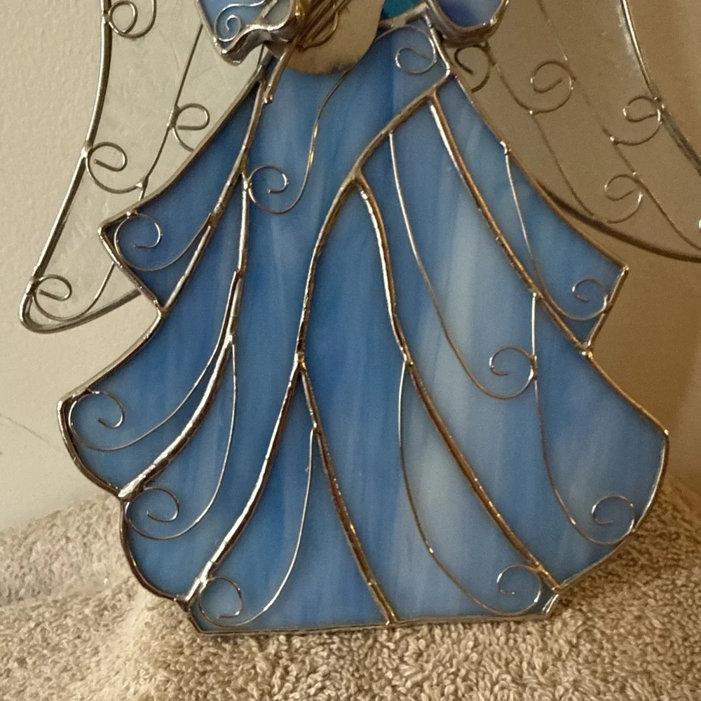 Vintage Blue Angel Stained Glass Votive Candle Holder Christmas 10